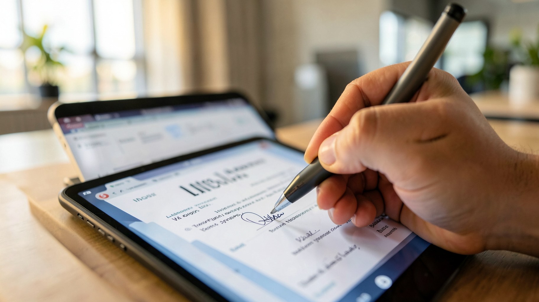 タブレット画面に表示された契約書に電子署名するビジネスパーソンの手元