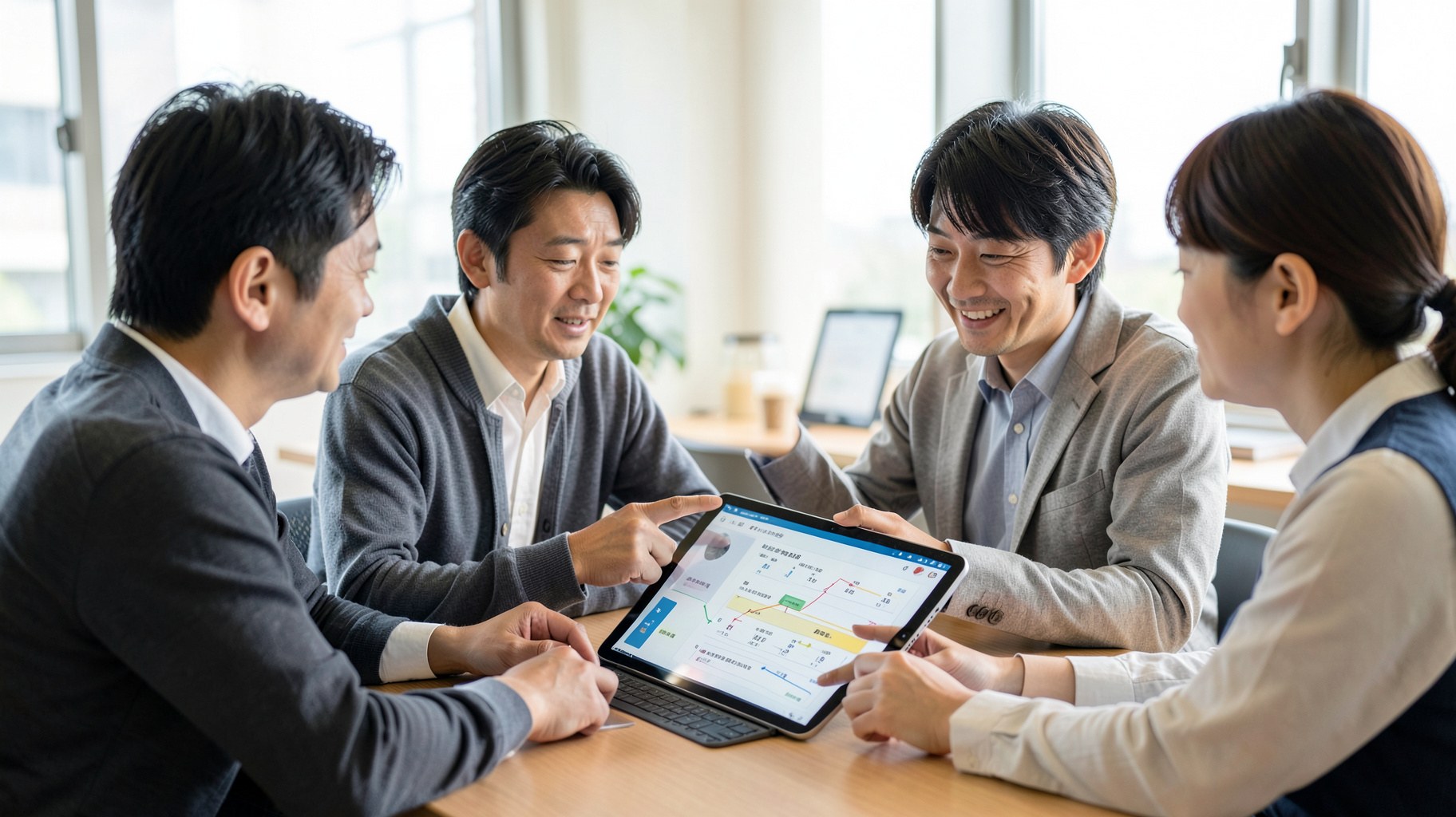 タブレットの画面を見ながら打ち合わせをする二人の同僚